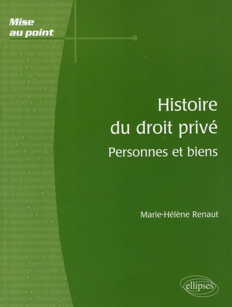 HISTOIRE DU DROIT PRIVE. PERSONNES ET BIENS - RENAUT MARIE-HELENE - ELLIPSES MARKET