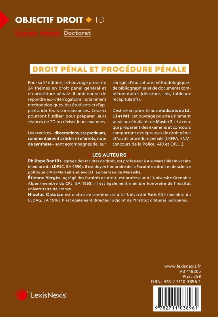 Travaux dirigés de droit pénal et procédure pénale - Bonfils Philippe, Vergès Étienne, Catelan Nicolas - LEXISNEXIS