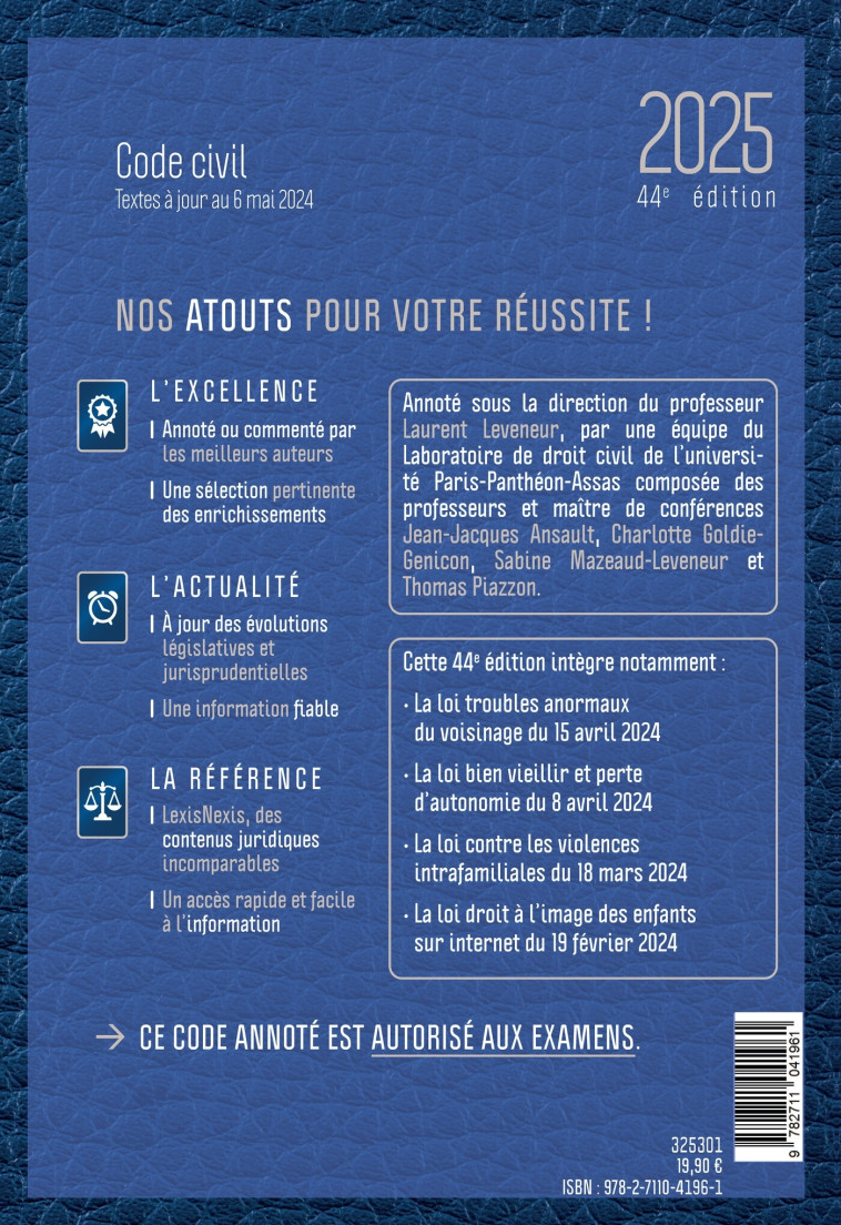 Code civil 2025 - Jaquette Blue leather - Leveneur (sous dir.) Laurent, Ansault Jean-Jacques, Goldie-Genicon Charlotte, Mazeaud-Leveneur Sabine, Piazzon Thomas - LEXISNEXIS