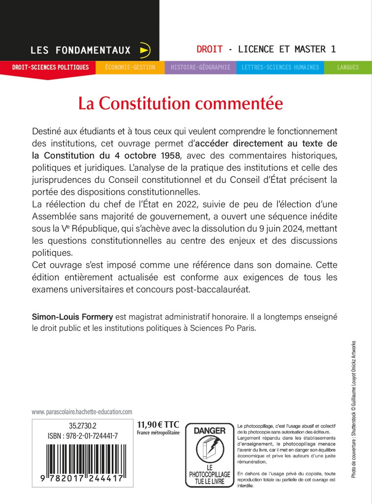 Fondamentaux - La Constitution commentée 2024-2025 - Formery Simon-Louis - HACHETTE EDUC