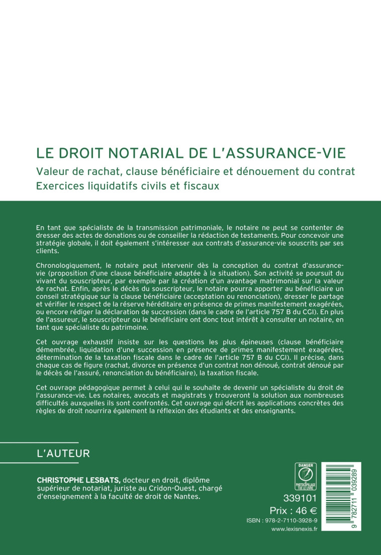 Droit notarial de l'assurance -vie - Lesbats Christophe - LEXISNEXIS