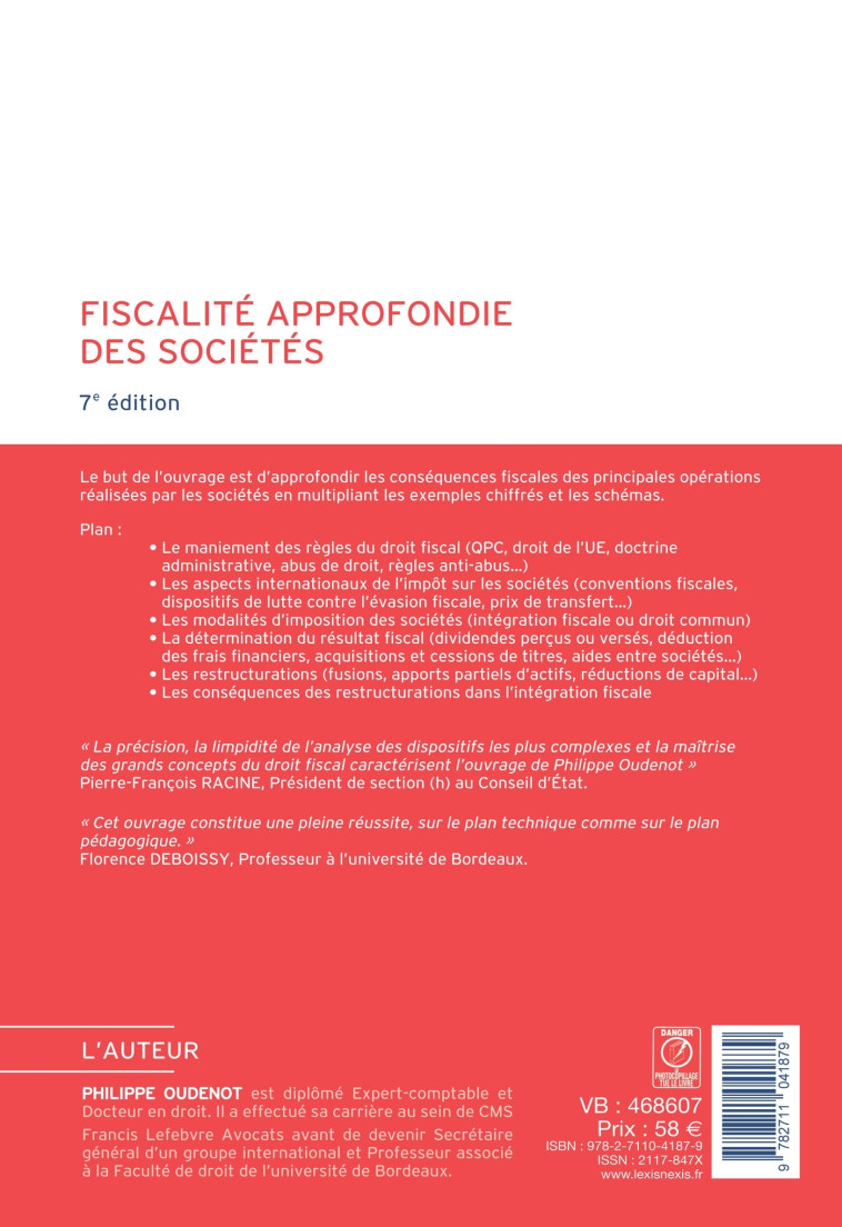 Fiscalité approfondie des sociétés - Oudenot Philippe - LEXISNEXIS