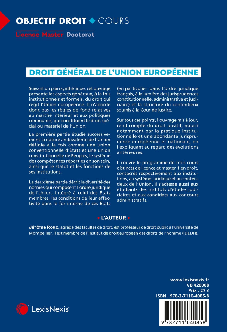 Droit général de l'Union européenne - Roux Jérôme - LEXISNEXIS